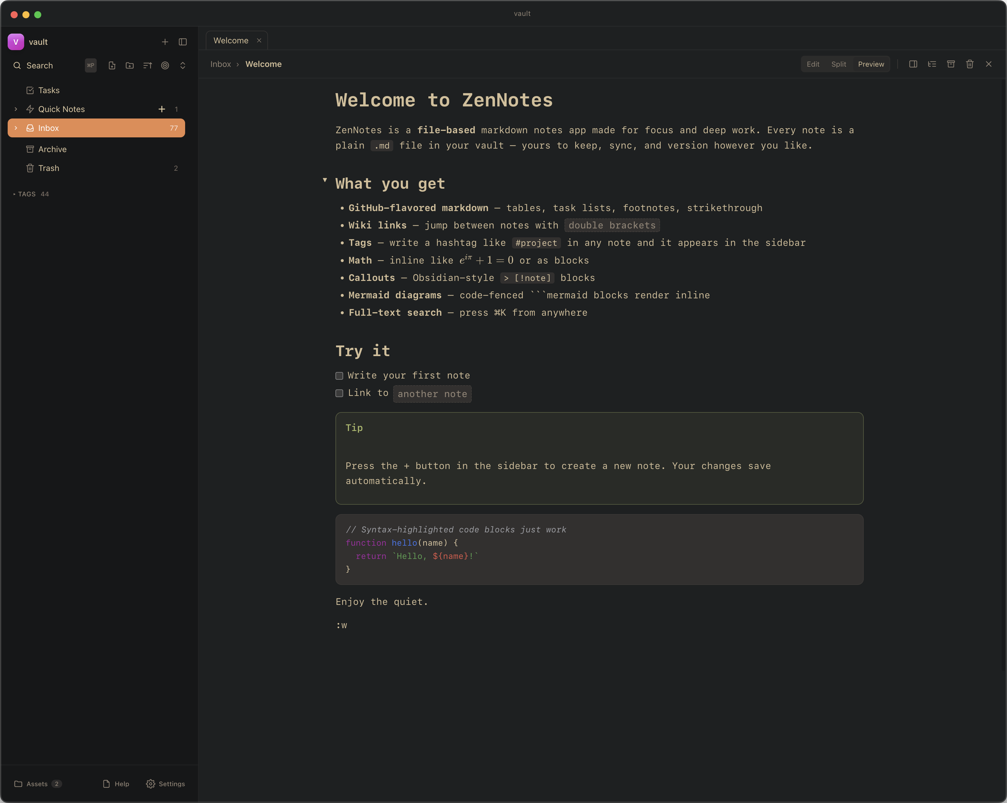 ZenNotes showing a note in the main editor with the vault sidebar on the left