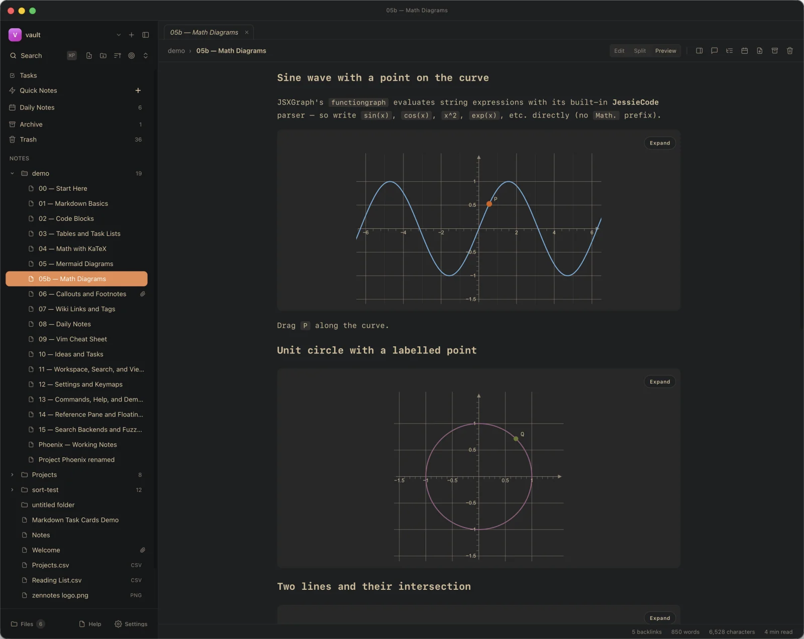 ZenNotes rendering interactive JSXGraph math diagrams in the preview pane, with the vault sidebar on the left