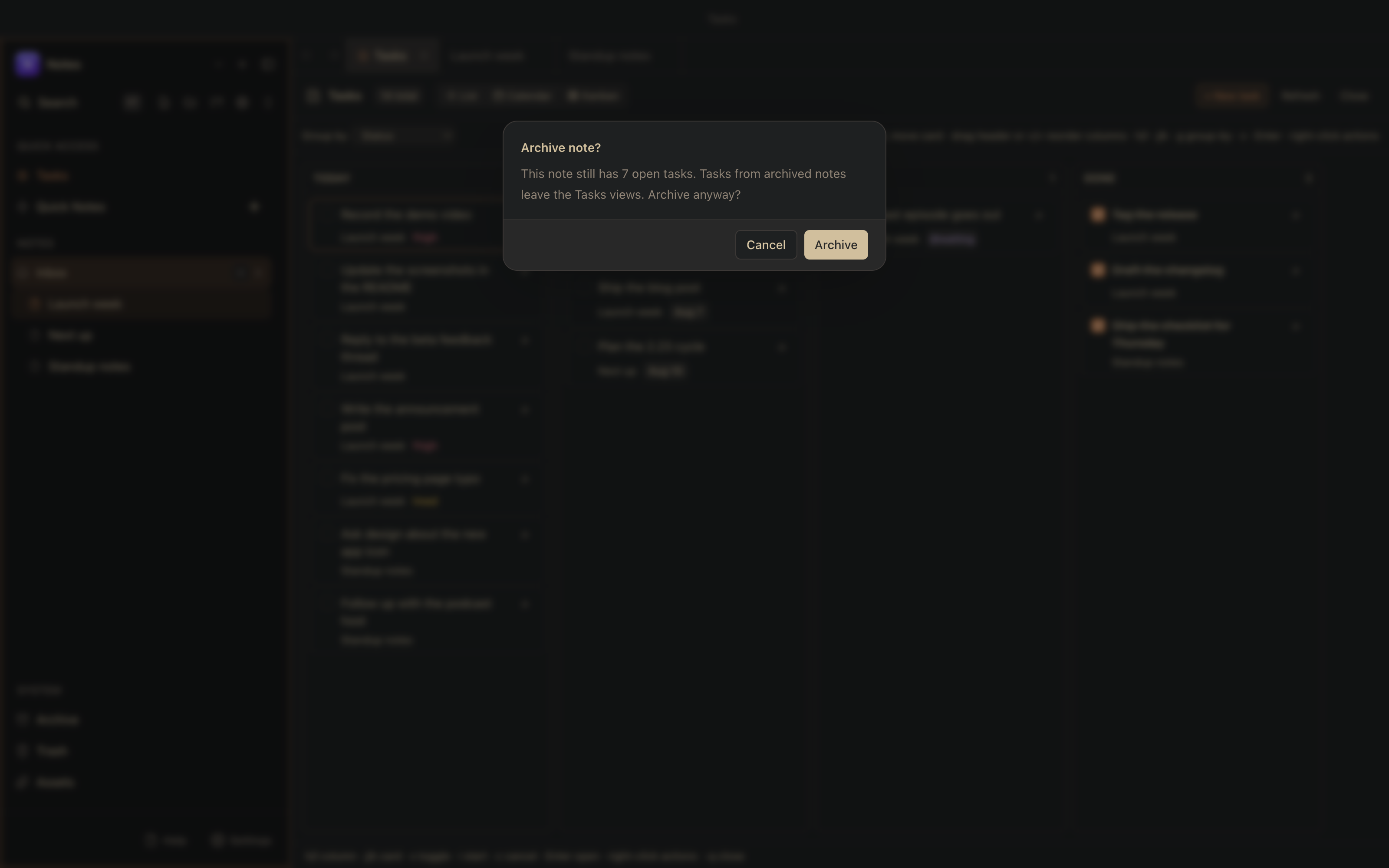 Archiving a note that still has open tasks asks first, on every path in.