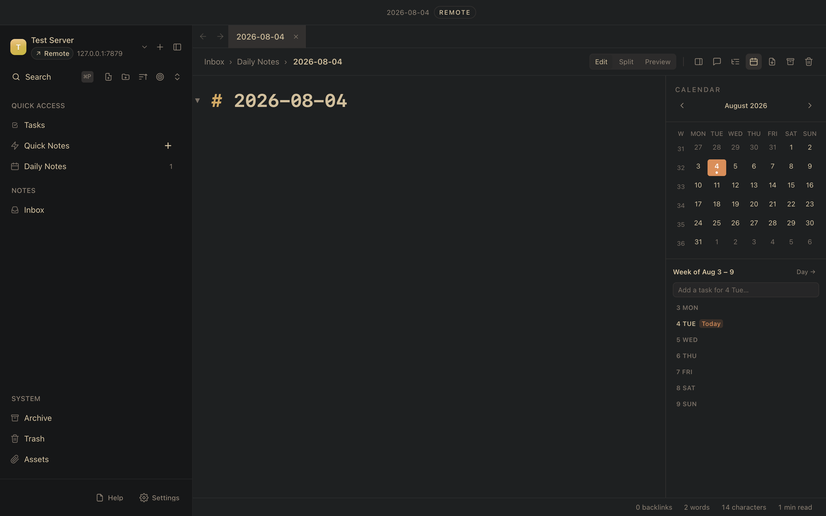 Today's daily note opened against a self-hosted server, date heading present, same as a local vault.