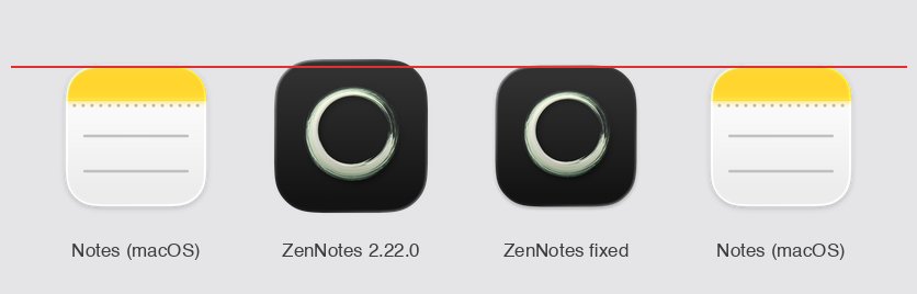 Next to macOS Notes: the 2.22.0 tile breaks the icon-grid line, the fixed one sits on it.